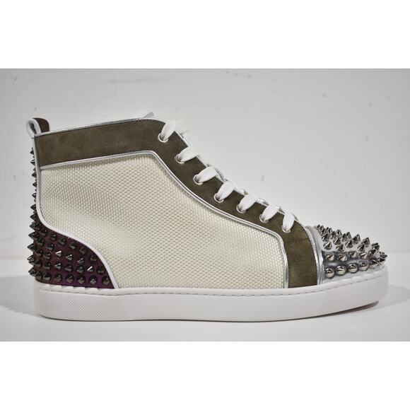 Christian Louboutin Mens Lou Spikes 2 Flat White Green High Top Sneaker 49 16 - Picture 2 of 12